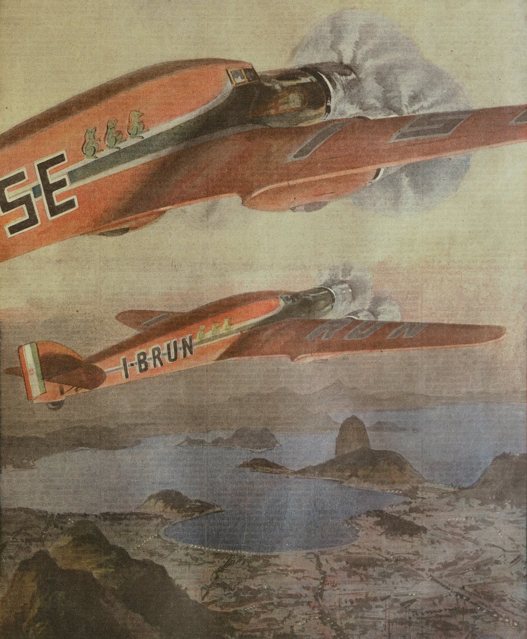 Attilio Biseo og Bruno Mussolinis transatlantiske flyvning fra Italien til Brasilien, af Achille Beltrame, illustration, Illustrator Achille Beltrame (1871-1945), fra La Domenica del Corriere, 6. februar 1938 af Achille Beltrame