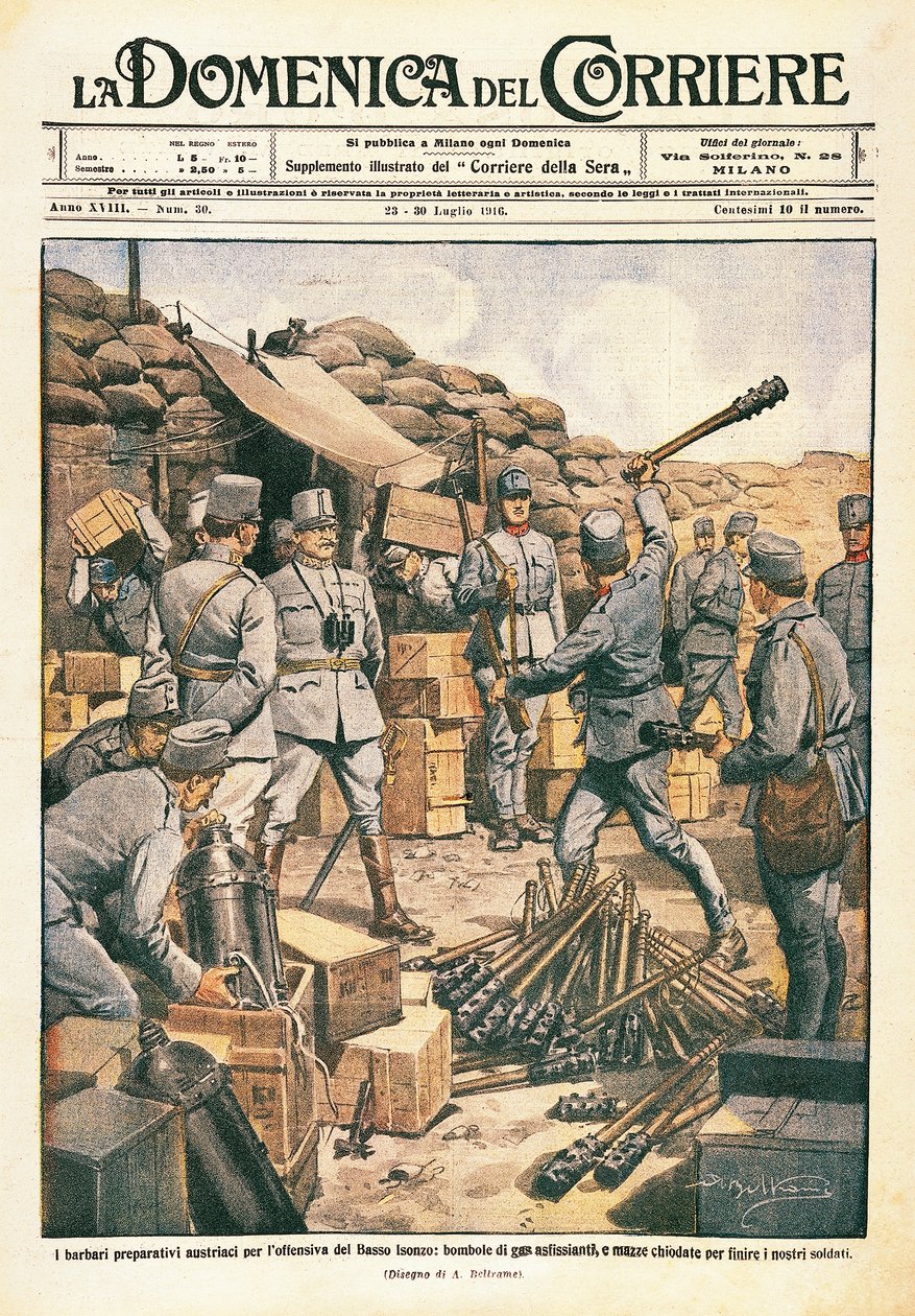 Østrigske barbarer forbereder sig til offensiven på Lower Isonzo, illustration fra La Domenica del Corriere, 23. juli af Achille Beltrame