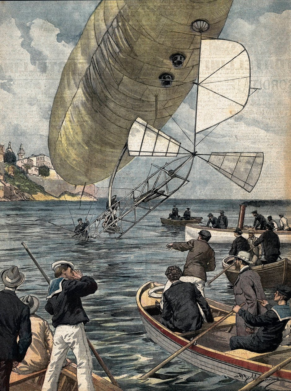 BELTRAME, Achilles (1871-1945). BELTRAME, Achilleus (1871-1945); SANTOS DUMONT, Alberto (1873-1932). brasiliansk luftfartspioner. Alberto Santos Dumonts dirigible falder i havet før kasinoet i Monte Carlo. Billede af Achille Beltrame for "" La af Achille Beltrame