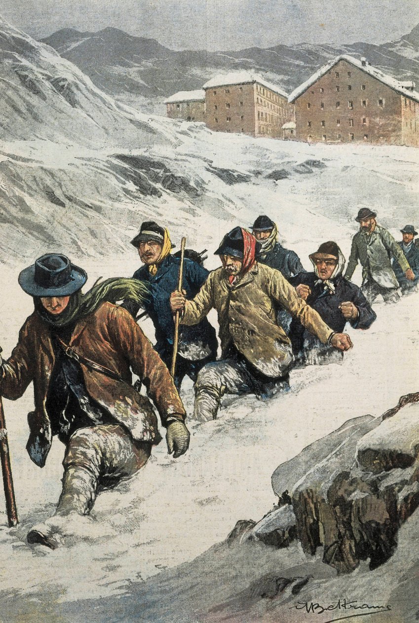 BELTRAME, Achilles (1871-1945). Italienske arbejdere krydser St. Bernard-passet mellem Aosta og Schweiz. Cover af "" La Domenica del Corriere"". 14/02/1904. Litografi. af Achille Beltrame