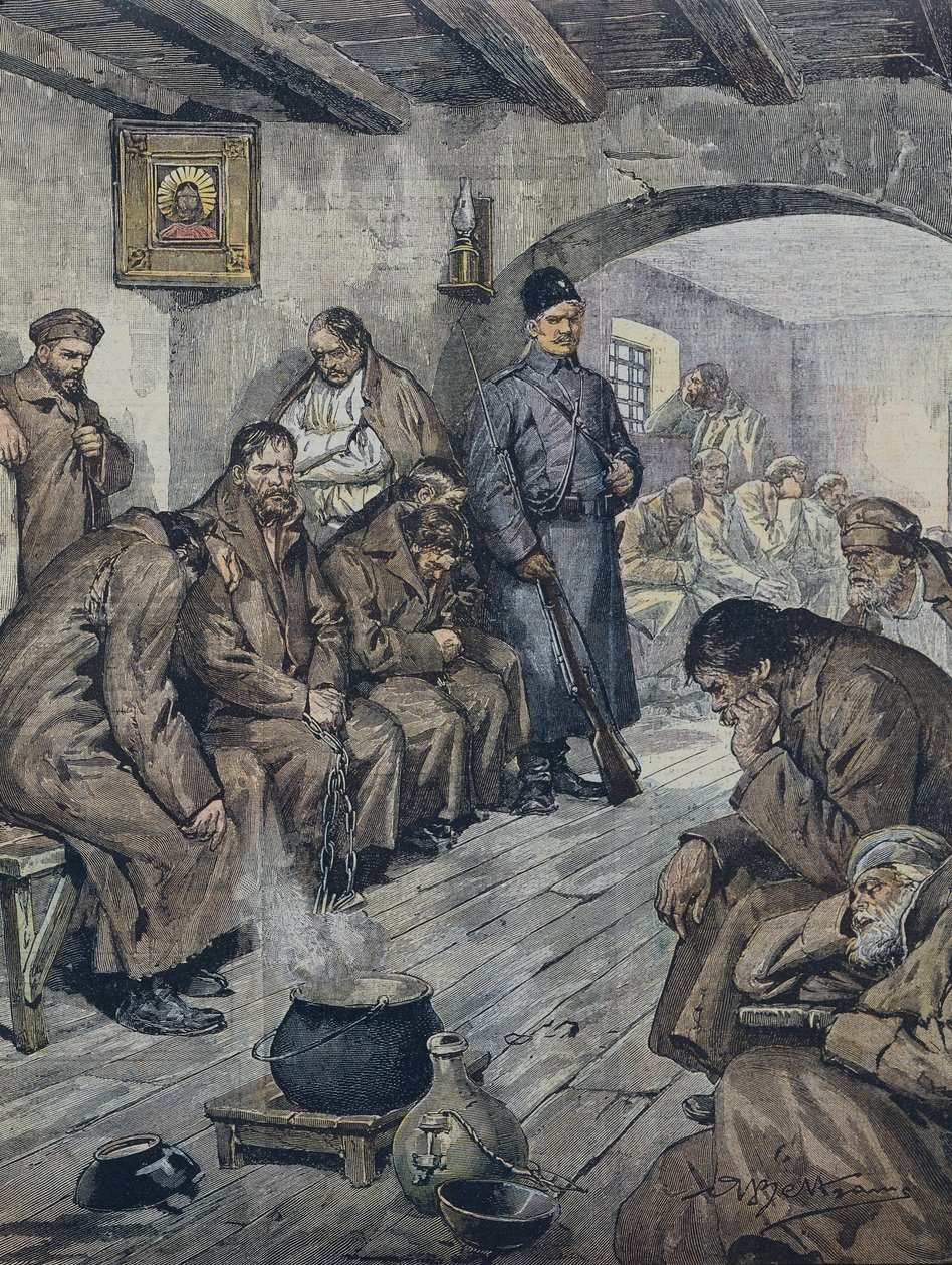 BELTRAME, Achilles (1871-1945). Russiske fanger i sultestrejke for deres tuberkulæres frihed. Illustration af A. Beltrame, La Domenica i Corriere, 19. juni af Achille Beltrame