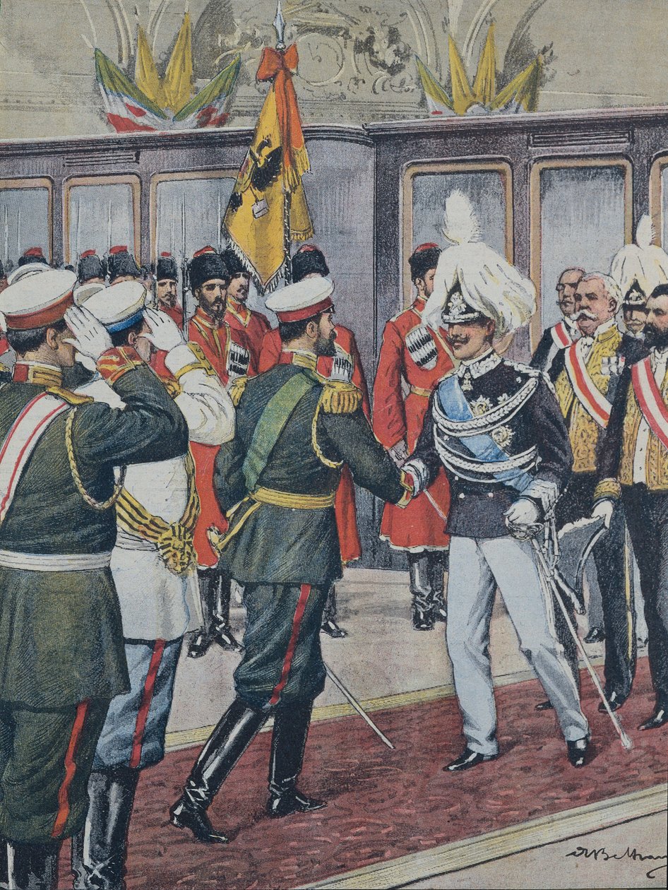 BELTRAME, Achilles (1871-1945). Victor Emmanuel III (1869-1947). konge af Italien (1900-1946); Nikolaj II. Ruslands zar (1894-1917). RUSLAND. Zaren modtager kong Victoria Emmanuel III af Italien i Peterhof. A. Beltrame illustration. Domenica af C af Achille Beltrame
