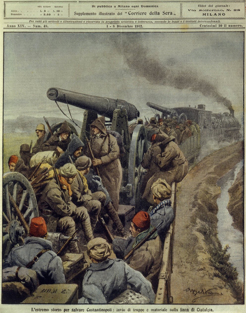 Balkankrigene (1912-1913), sidste indsats for at redde Konstantinopel, der sender tropper og varer til Ciafalda-linjen, 1. december af Achille Beltrame