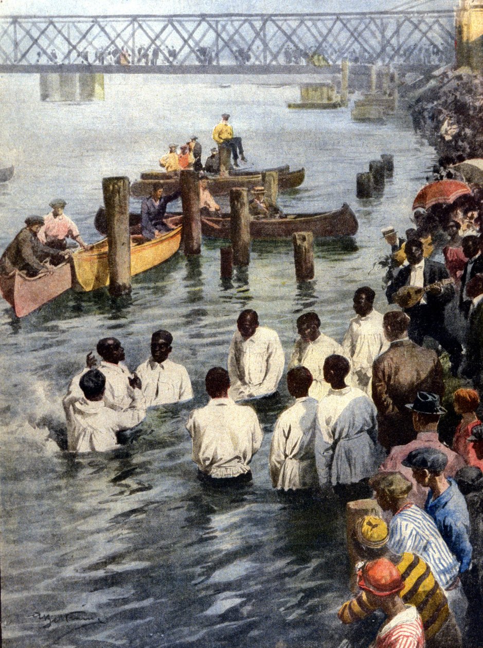 Dåbsceremoni i Cedar River i Iowa (USA) af sorte medlemmer af Church of God-sekten. Ill. af A. Beltrame. La Domenica del Corriere af Achille Beltrame