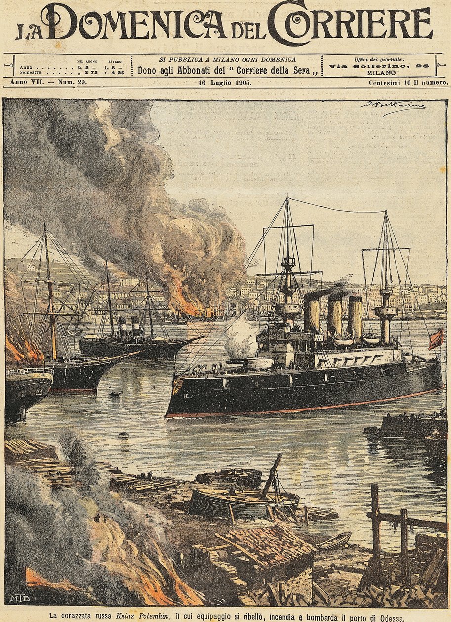 Slagskib Potemkin bombarderer Odessa, af Achille Beltrame, illustration, Illustrator Achille Beltrame (1871-1945), fra La Domenica del Corriere af Achille Beltrame