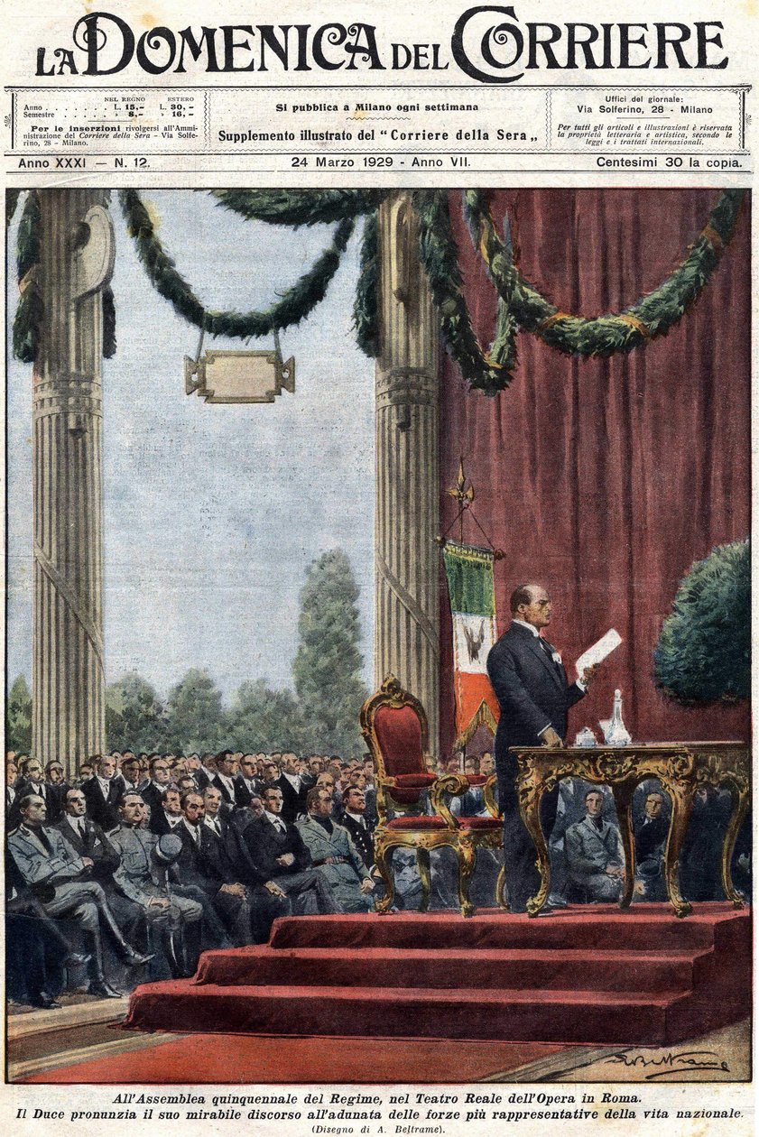 Benito Mussolini holdt sin tale i Teatro Reale i operaen i Rom foran regimets ledere. illustration af Achilles Beltrame."" Domenica del corriere"" af 24. marts 1929 af Achille Beltrame