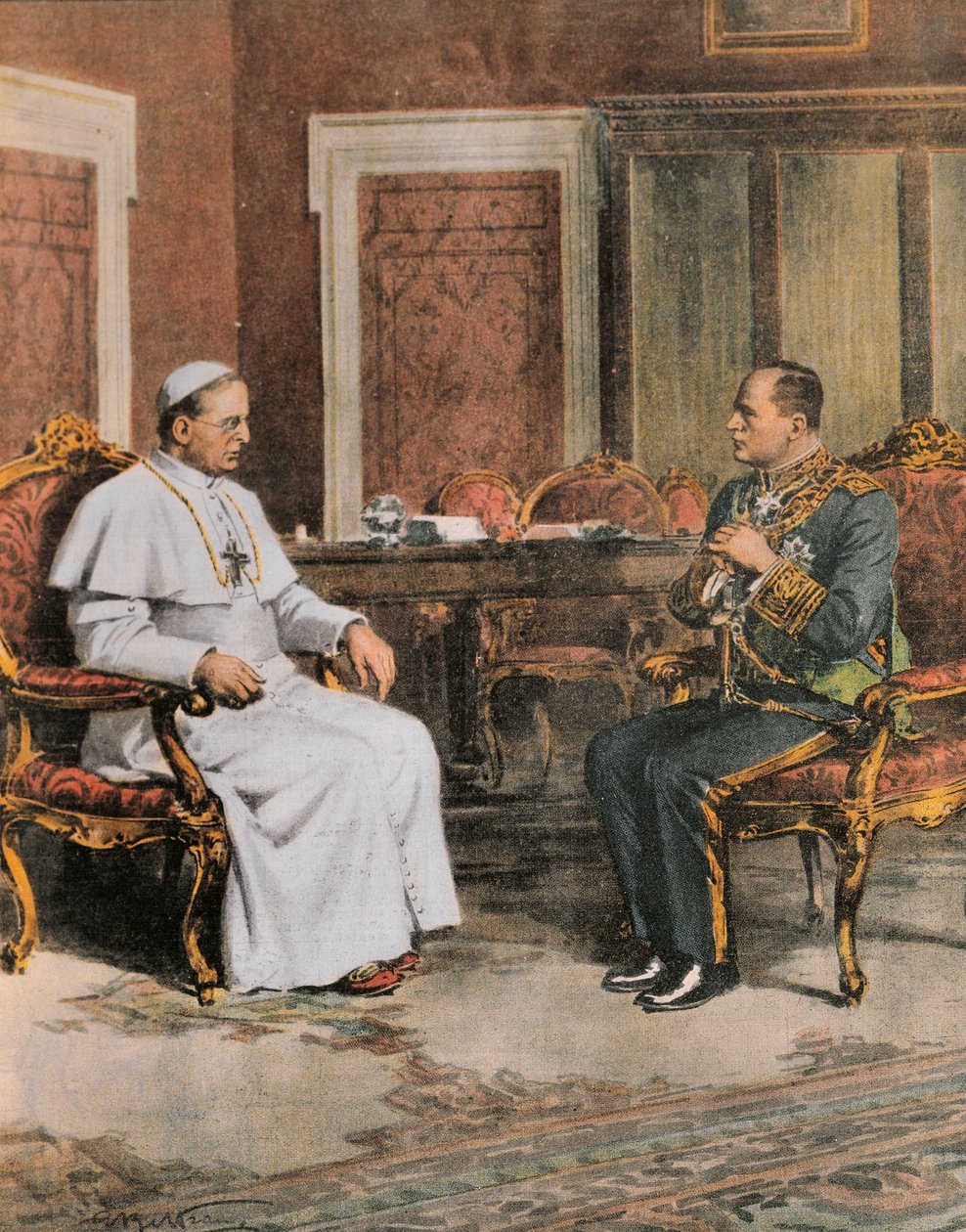 Benito Mussolini i møde med pave Pius XI den 11. februar af Achille Beltrame