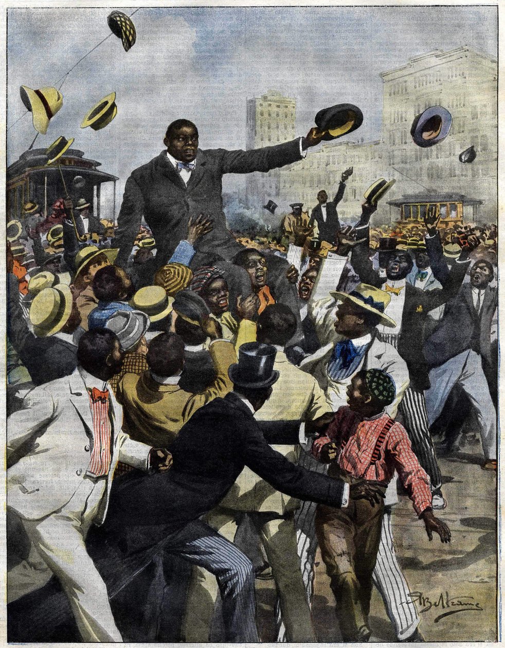 Bokseren Jack Johnson ankom til Chicago i 1910. Illustration af Achille Beltrame til La Domenica del Corriere””. af Achille Beltrame