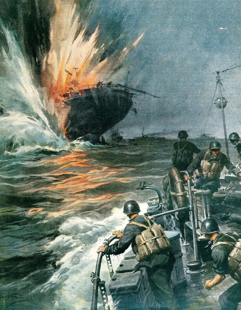 Britisk handelsskib sænket af italienske MAS i Middelhavet, 3. august af Achille Beltrame