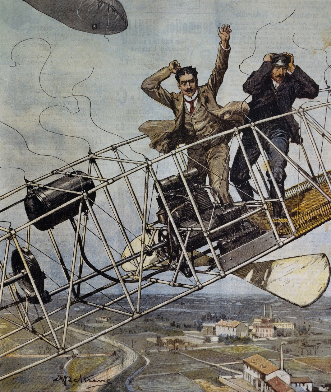 Katastrofe af De Bradski luftskib nær Paris, Frankrig, illustration af Achille Beltrame til La Domenica del Corriere, 26. oktober af Achille Beltrame