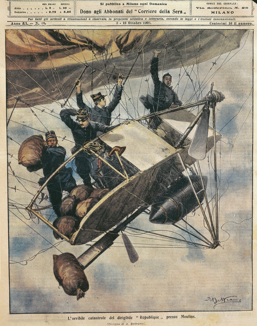 Katastrofe for luftskibet Republique nær Moulins, Frankrig, illustration af Achille Beltrame fra La Domenica del Corriere, 3.-10. oktober af Achille Beltrame