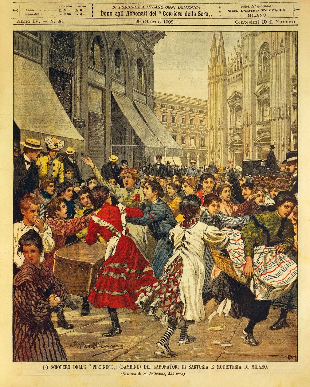 Børnestrejke kendt som Piscinine i kjole- og mølleriværksteder i Milano, af Achille Beltrame, illustration, illustrator Achille Beltrame (1871-1945), fra La Domenica del Corriere, 29. juni 1902 af Achille Beltrame