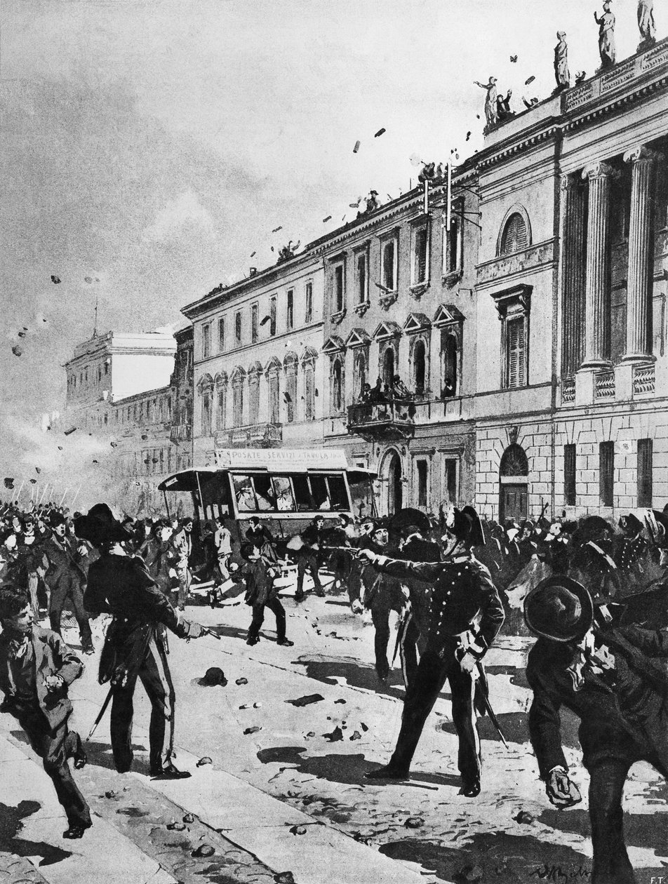 Sammenstød mellem demonstranter og politi i Milano, Corso Venezia, foran Palazzo Saporiti, 7. maj af Achille Beltrame