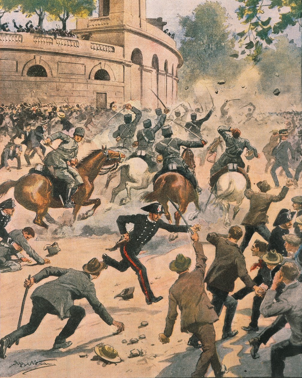 Sammenstød foran Arena under generalstrejke i Milano, illustration af Achille Beltrame fra La Domenica del Corriere, juni 1914 af Achille Beltrame