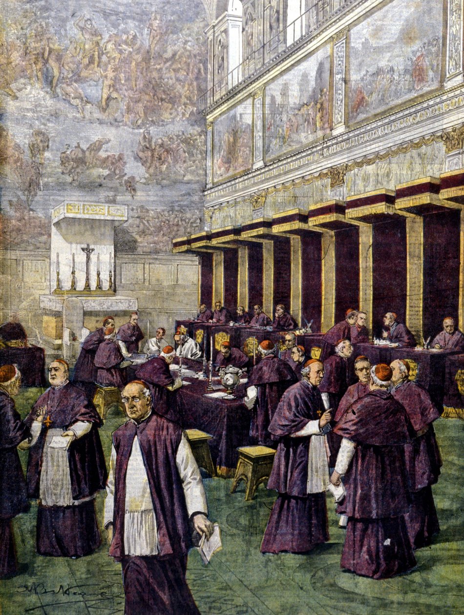 Konklave i Det Sixtinske Kapel til valget af den nye pave. Illustration af Beltrame. Domenica del corriere. 1903. af Achille Beltrame