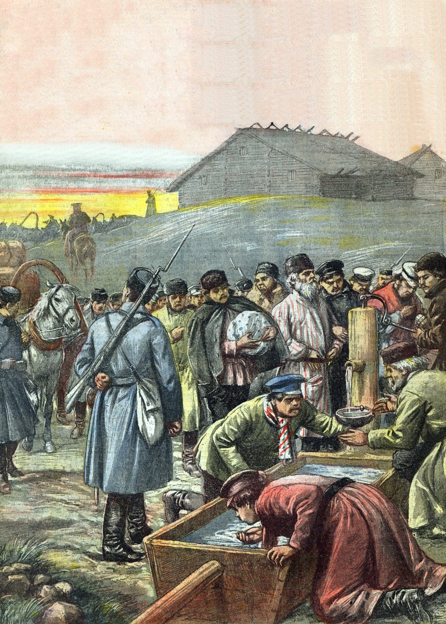 Konvoj af deporterede russiske politiske fanger i transit til eksil i Sibirien, illustration fra magasinet 