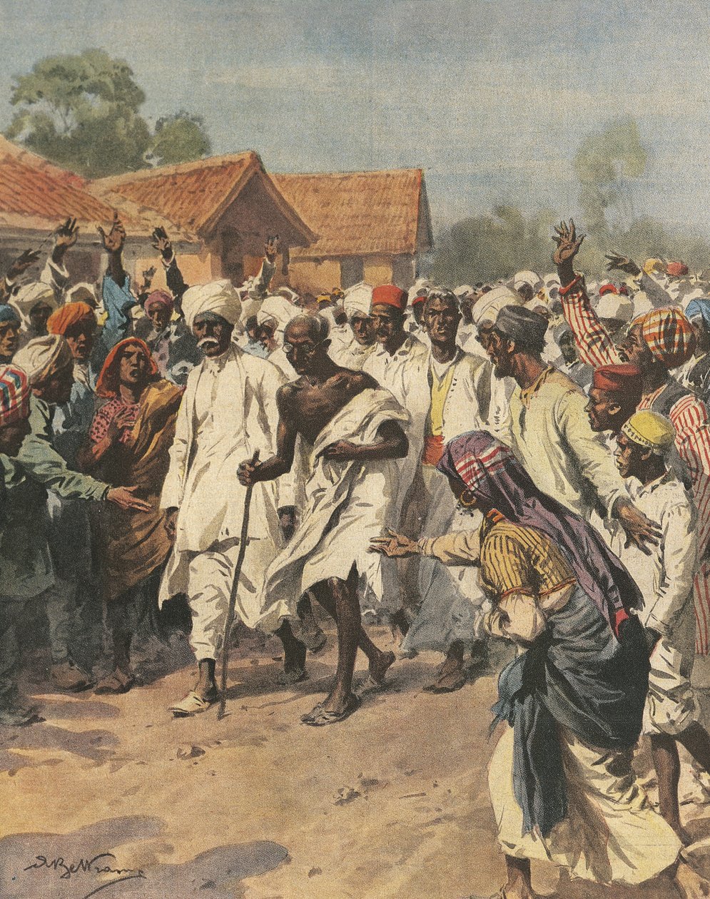 Forside, der illustrerer Gandhi og firs martyrer på vej mod saltpande i Jalalpur, illustration af Achille Beltrame
