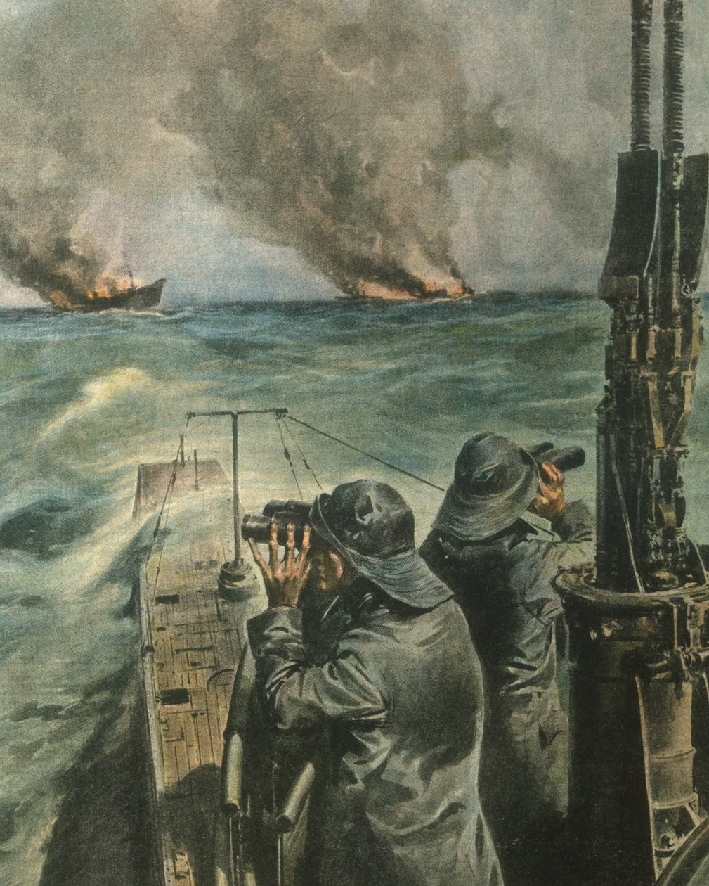 Forsideillustration af anglo-amerikanske dampskibe, der blev torpederet ud for Vestafrikas kyst under Anden Verdenskrig af Achille Beltrame