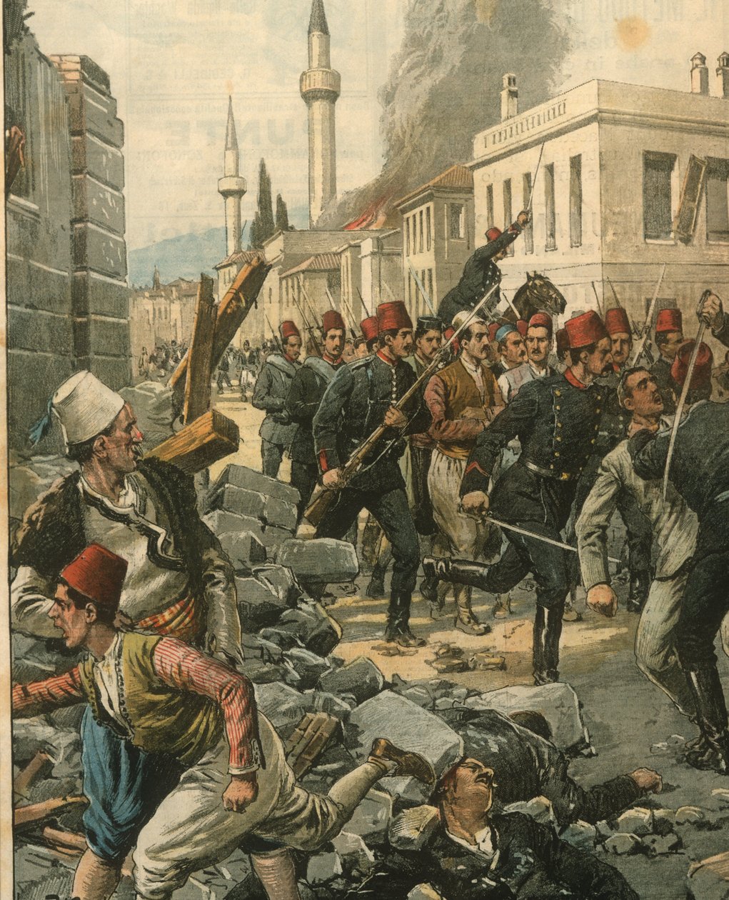 Forsideillustration af bulgarere, der invaderer Thessaloniki og skræmmer dens befolkning af Achille Beltrame