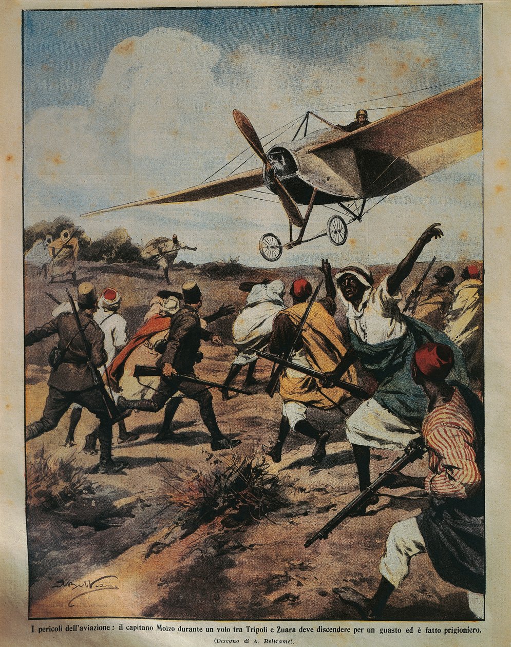 Forsideillustration af kaptajn Moizo, der forsøger en styrtlanding under den afrikanske kampagne, af Achille Beltrame (1871-1945), fra La Domenica del Corriere, 22. september 1912 af Achille Beltrame
