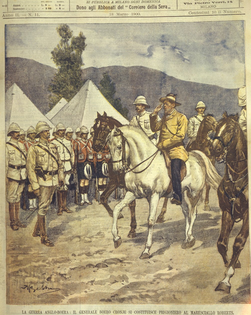 Illustration på forsiden af general Cronje, der overgiver sig til marskal Roberts under Anglo-Zulu- og Anglo-Boer-krigene 1850-1902 af Achille Beltrame