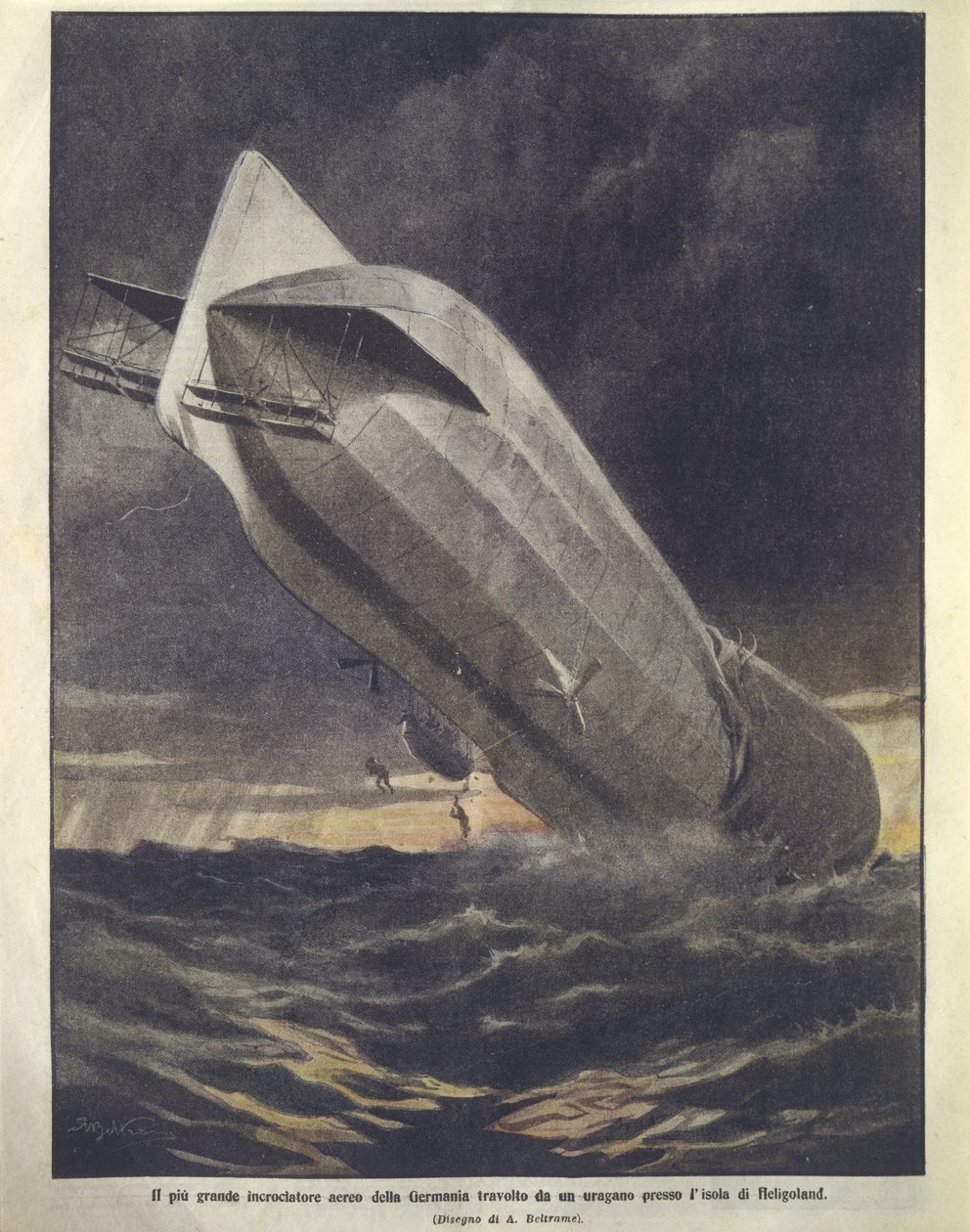 Forsideillustration af tysk krydser, der bliver fejet væk af orkan nær Helgoland Island af Achille Beltrame