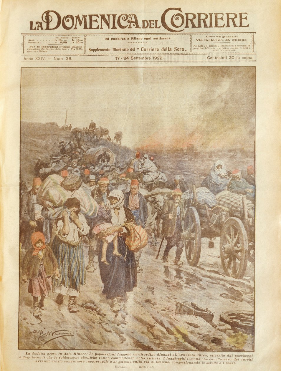 Forsideillustration af græsk nederlag i Lilleasien af Achille Beltrame