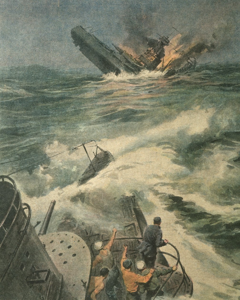 Forsideillustration af amerikansk slagskib af Maryland-klassen, der sænkes af den italienske ubåd Barbarigo i Atlanterhavet under Anden Verdenskrig af Achille Beltrame