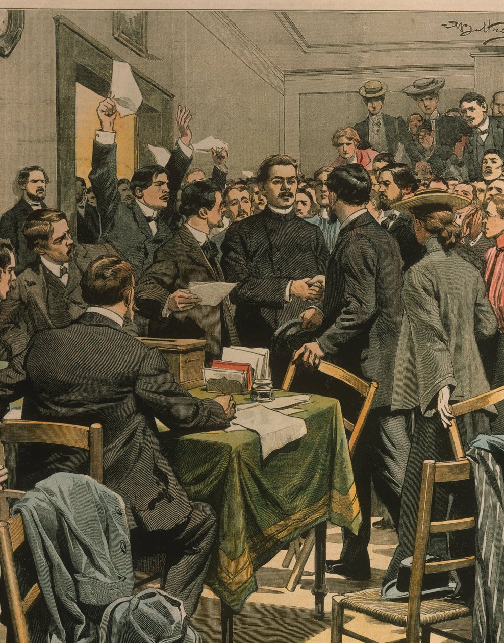 Forsideillustration af Maxim Gorkys ankomst til russiske revolutionæres møde; London, England af Achille Beltrame