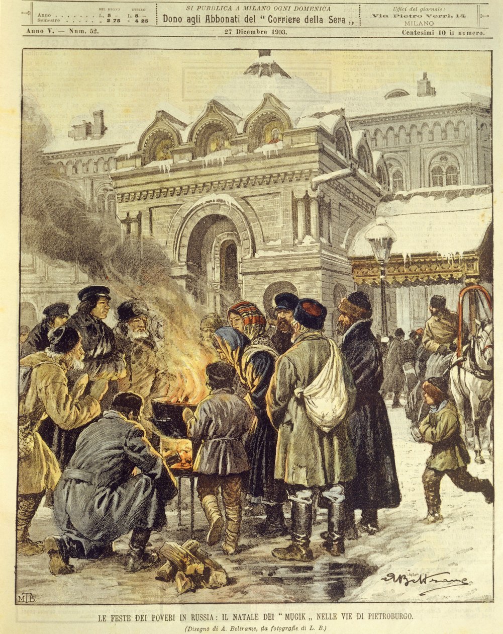 Forsideillustration af Mujiks, der fejrer jul i gaderne i Sankt Petersborg, Rusland af Achille Beltrame