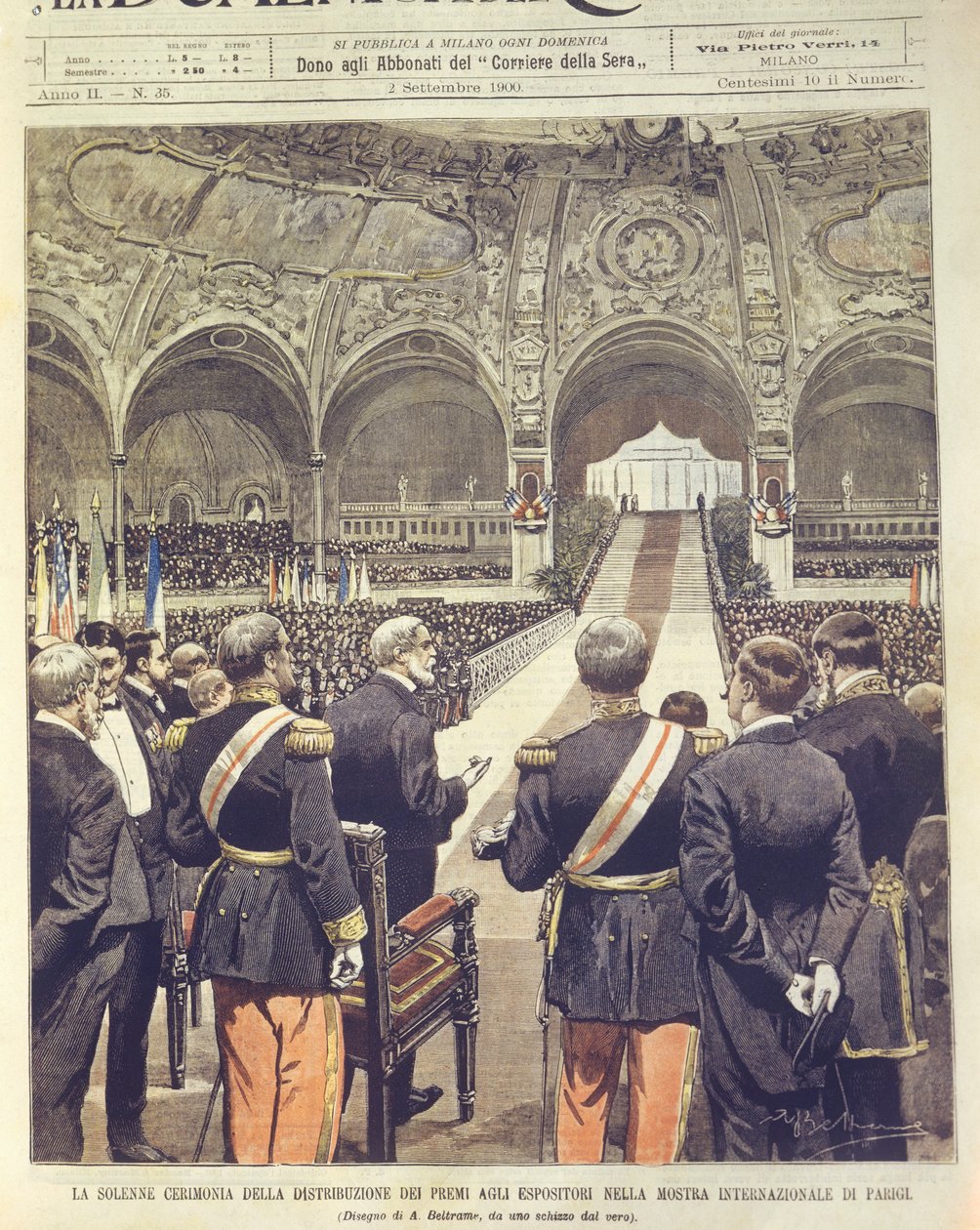 Forsideillustration af højtidelig ceremoni for overrækkelse af priser ved verdensudstillingen i 1900 i Paris, Frankrig af Achille Beltrame