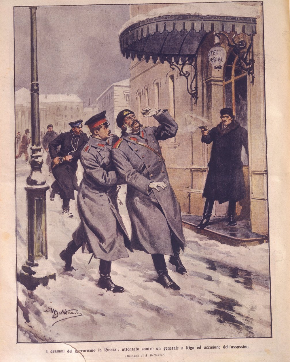 Forsideillustration af terrorisme i det russiske imperium; forsøg på generalens liv og død af overfaldsmanden i Riga af Achille Beltrame