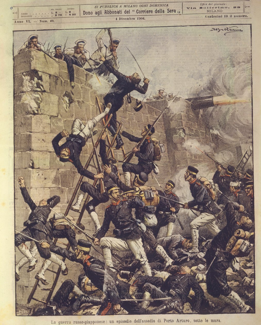 Forsideillustration af belejringen af Port Arthur i Kina under den russisk-japanske krig 1904-1905 af Achille Beltrame