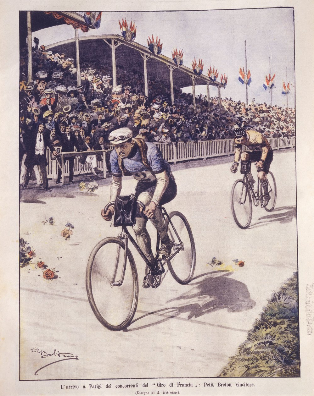 Forsideillustration af Tour de France-rytternes ankomst med Petit-Breton-vinderen; Paris, Frankrig af Achille Beltrame
