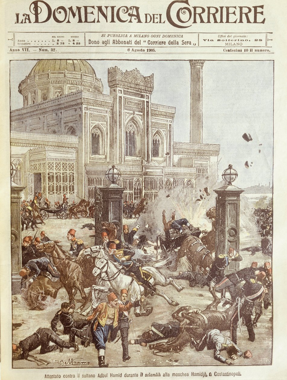 Forsideillustration af attentatforsøg mod sultan Abdul Hamid i Konstantinopel af Achille Beltrame