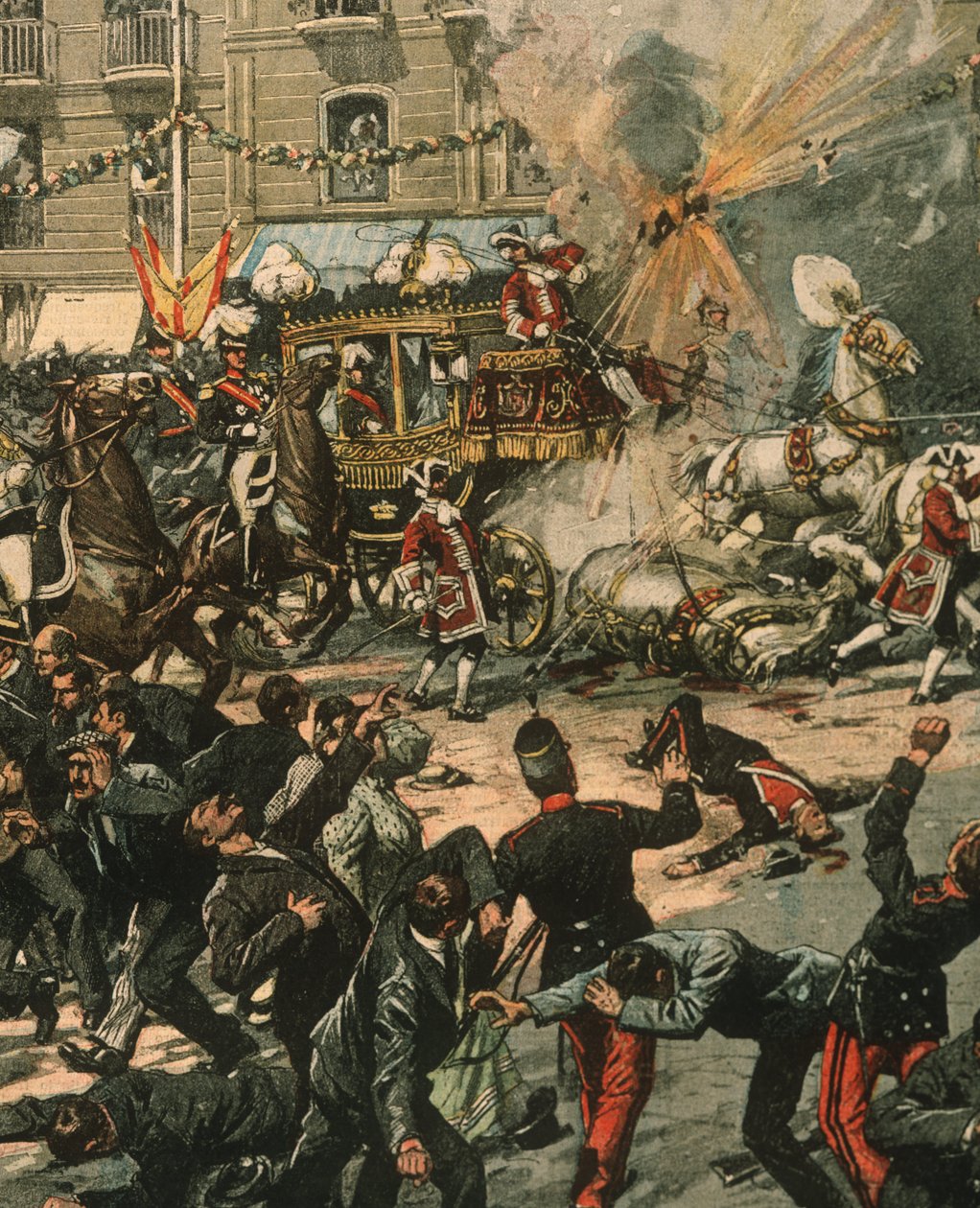 Forsideillustration af mordforsøg på kong Alfonso XIII på hans bryllupsdag, 31. maj 1906, Madrid, Spanien af Achille Beltrame