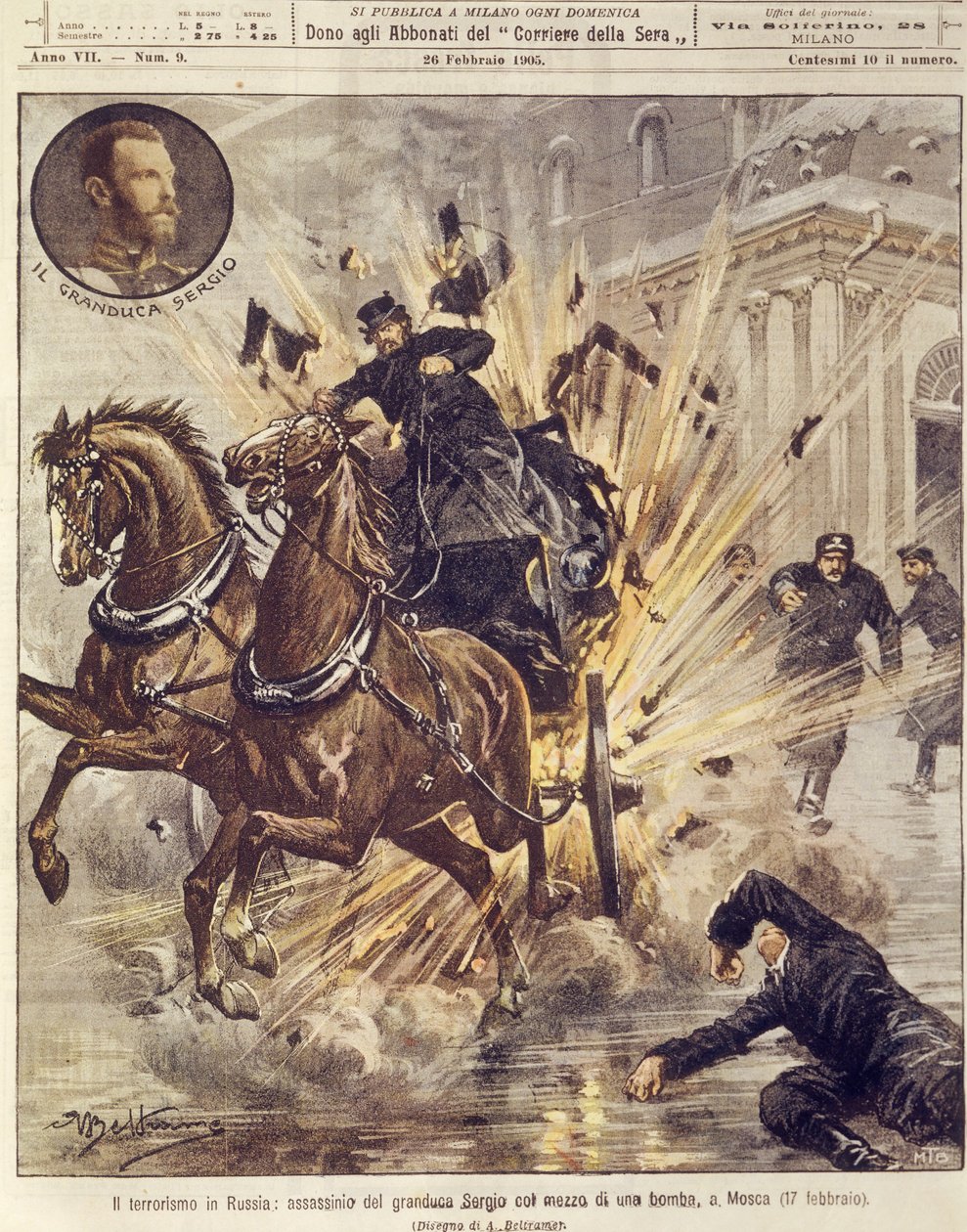 Forsideillustration af mordet på storhertug Sergei Alexandrovich Romanov med terrorbombe i Moskva, Rusland af Achille Beltrame