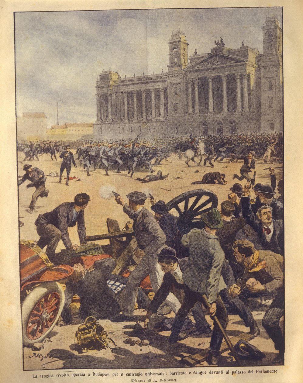 Coverillustration af kampe på Parliament Square under Budapest-oprøret af Achille Beltrame