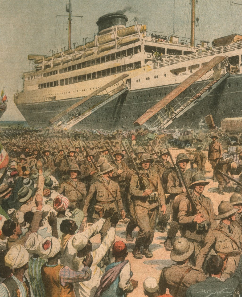 Forsideillustration af landgang af italienske tropper i Østafrika af Achille Beltrame