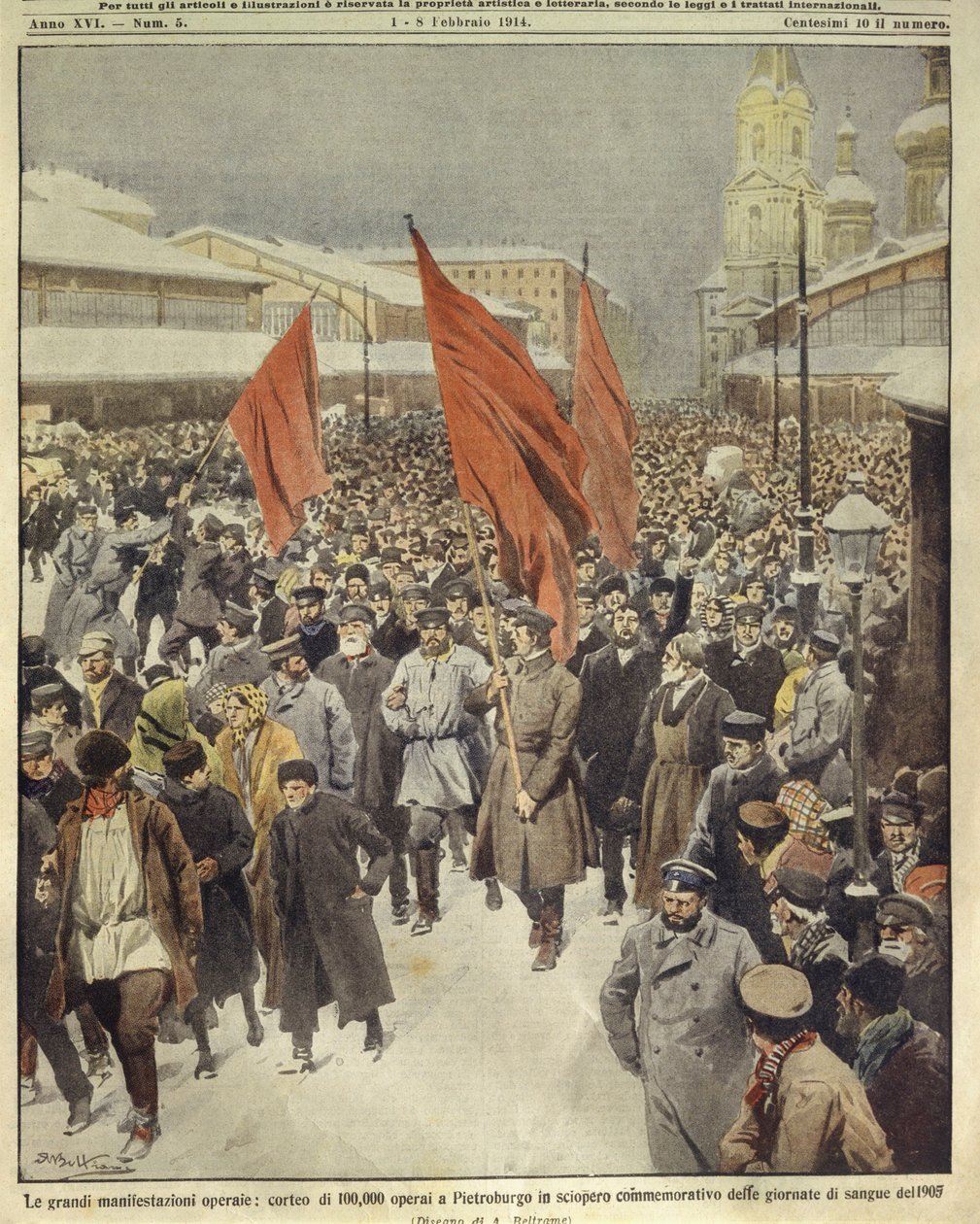 Forsideillustration af hundrede tusinde arbejdere, der marcherer for at fejre den blodige søndag i 1905; Sankt Petersborg, Rusland af Achille Beltrame