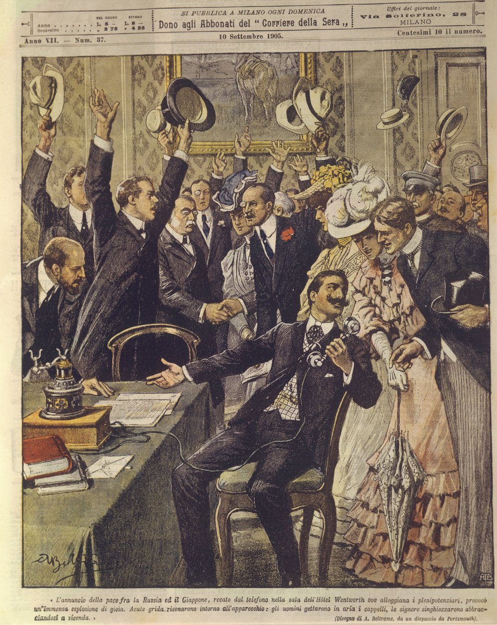 Illustration af folk, der fejrer bekendtgørelsen af fredstraktaten mellem Rusland og Japan under den russisk-japanske krig i 1904-1905 af Achille Beltrame