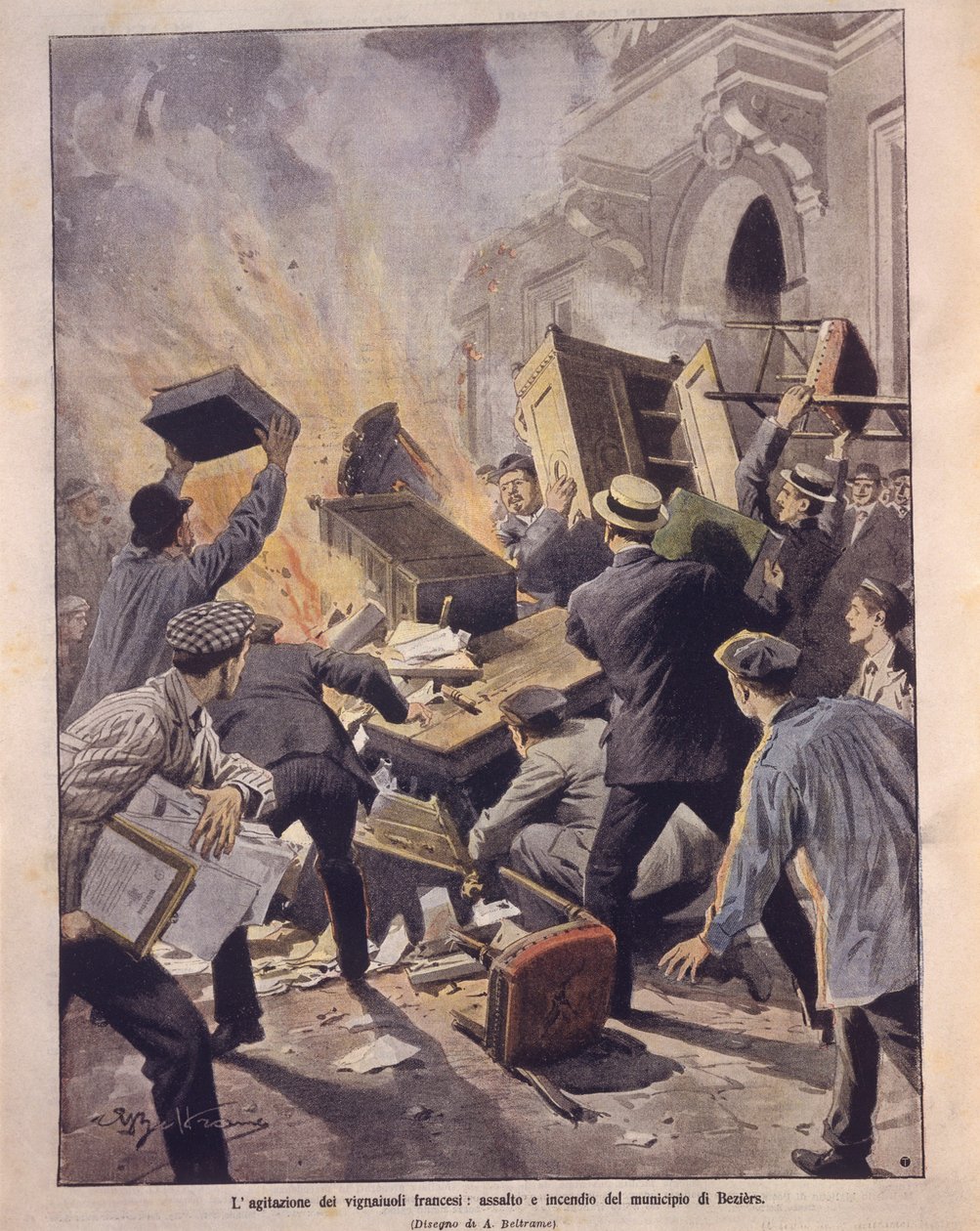 Forsideillustration af vinproducenter, der sætter ild til Beziers Rådhus under opstande i Frankrig af Achille Beltrame