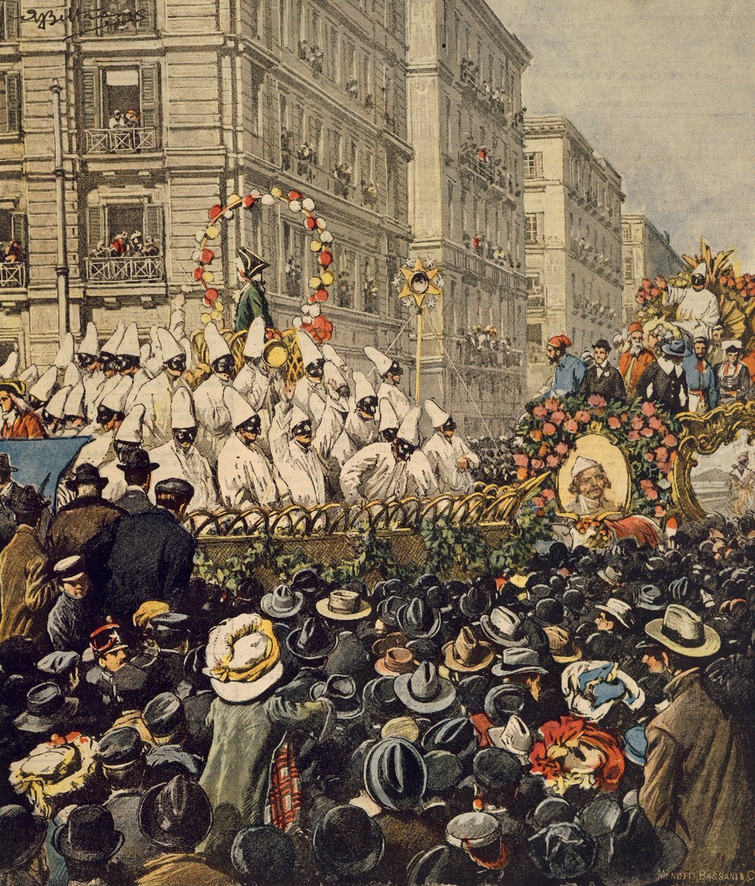 Folkemængder under karneval i Napoli, af Achille Beltrame, illustration, Illustrator Achille Beltrame (1871-1945), fra La Domenica del Corriere, 31. januar 1904 af Achille Beltrame