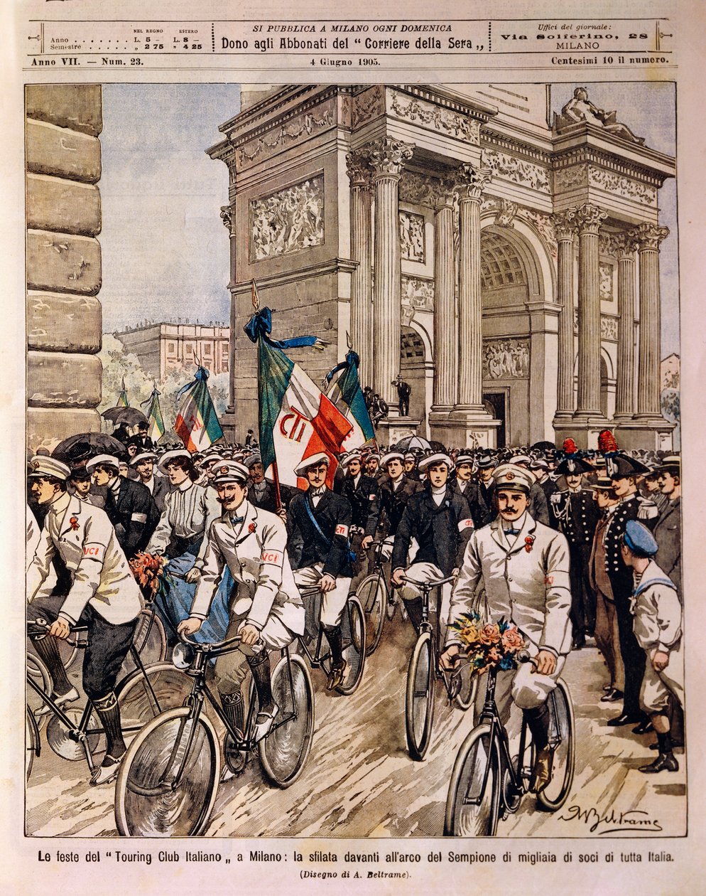 Cyklister paraderende ved Arch of Peace, italiensk Touring Club-fejring i Milano, Italien, illustration af Achille Beltrame fra La Domenica del Corriere, 4. juni af Achille Beltrame