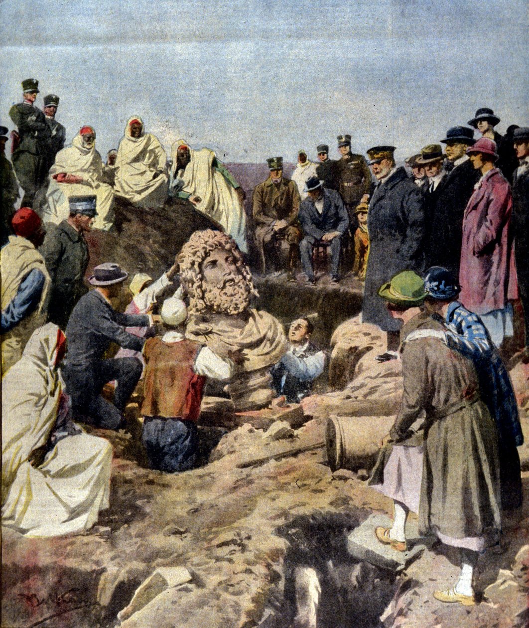 Opdagelse af en buste af Jupiter ved Sabratha i Libyen i 1925. illustration af Achille Beltrame af Achille Beltrame