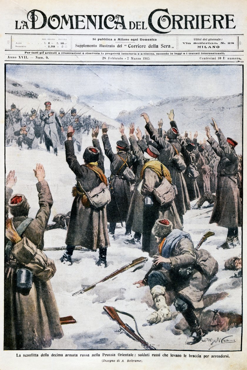 Nederlag af tiende russiske hær i Østpreussen: Russiske soldater løfter deres arme i overgivelse, plade af Achille Beltrame (1871-1945) fra La Domenica del Corriere, 28. februar-7. marts 1915 af Achille Beltrame