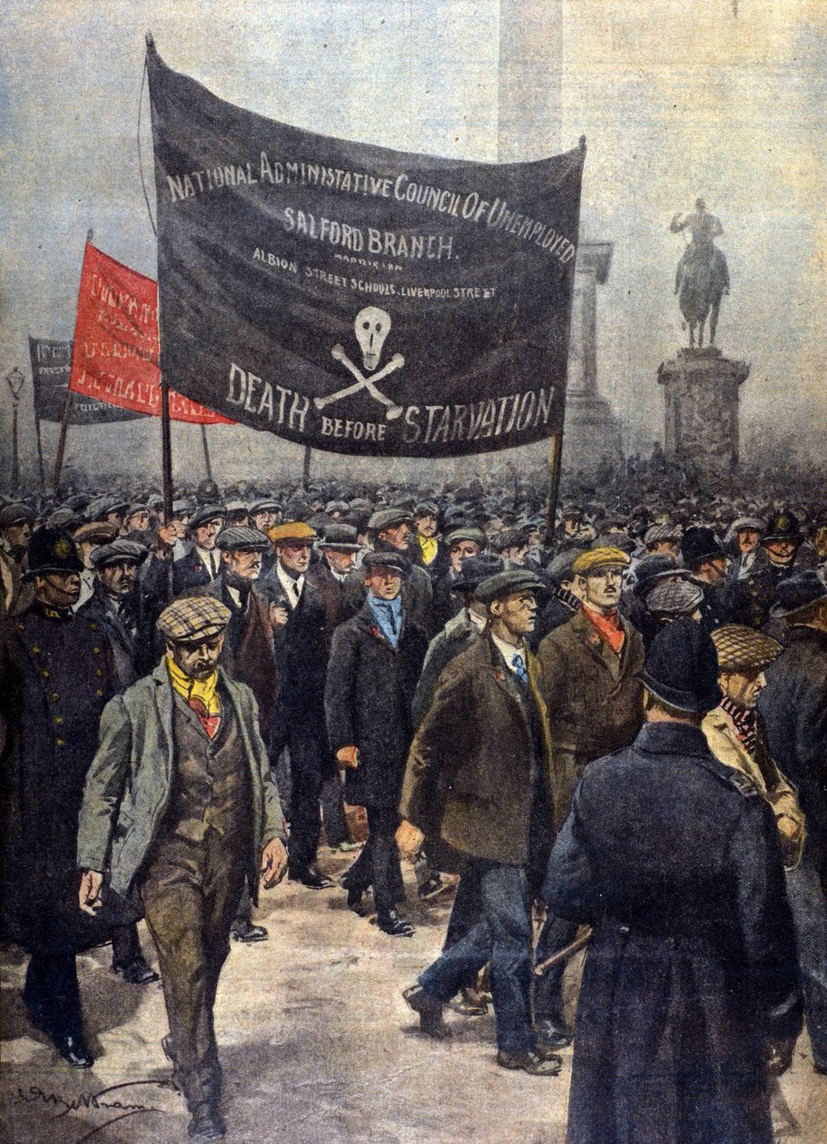 Demonstration af strejkede mindreårige. London 1922. Illustration af Achille Beltrame. "Kurerens søndag". af Achille Beltrame