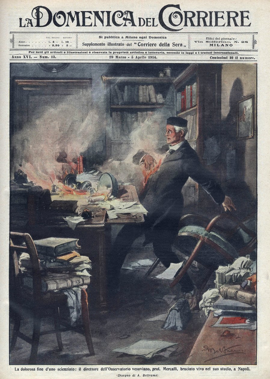 Døde i sit laboratorium i Napoli af Giuseppe Mercalli (1850 -1914), italiensk seismolog og vulkanolog. Illustration af Achille Beltrame til "" La domenica del corriere""". 1914. af Achille Beltrame