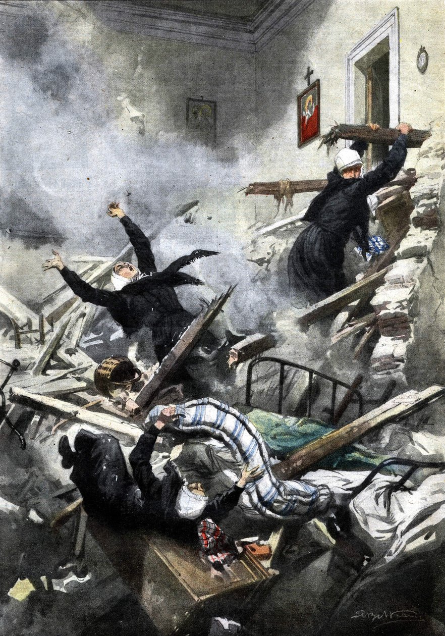 Katastrofe i en bygning i Genova: gode søstre forsvandt ved sammenbruddet af to lejligheder. Ill. de Beltrame. "La Domenica del Corriere". 04/1914. af Achille Beltrame