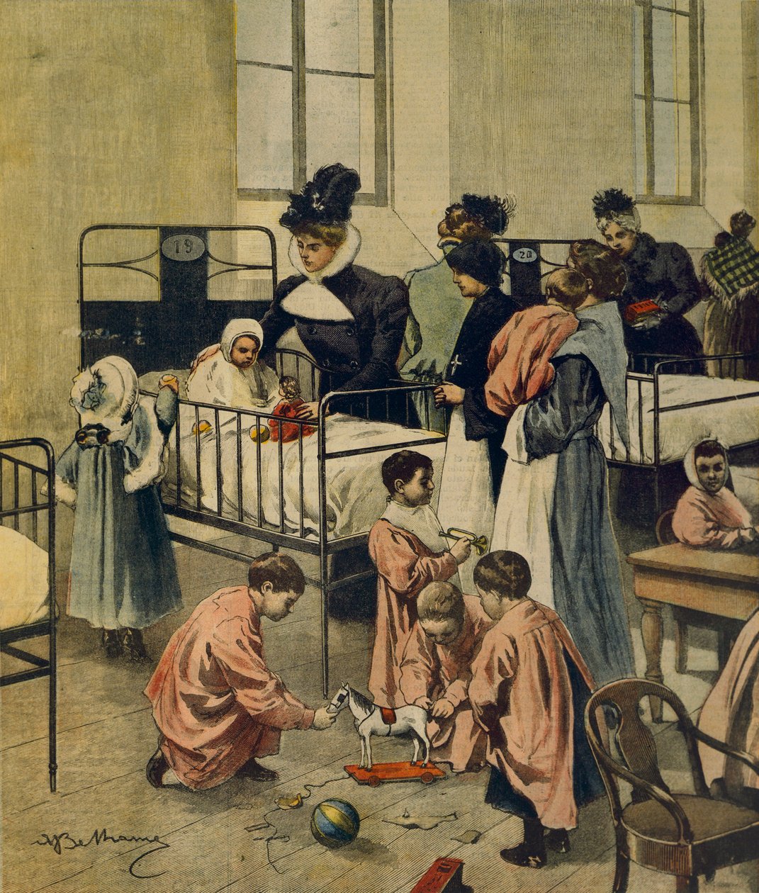 Uddeling af julegaver til fattige børn på hospitalet, af Achille Beltrame, illustration, Illustrator Achille Beltrame (1871-1945), fra La Domenica del Corriere, 23. november 1900 af Achille Beltrame